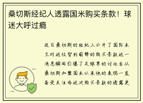 桑切斯经纪人透露国米购买条款！球迷大呼过瘾