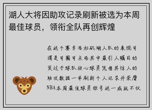 湖人大将因助攻记录刷新被选为本周最佳球员，领衔全队再创辉煌