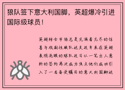 狼队签下意大利国脚，英超爆冷引进国际级球员！